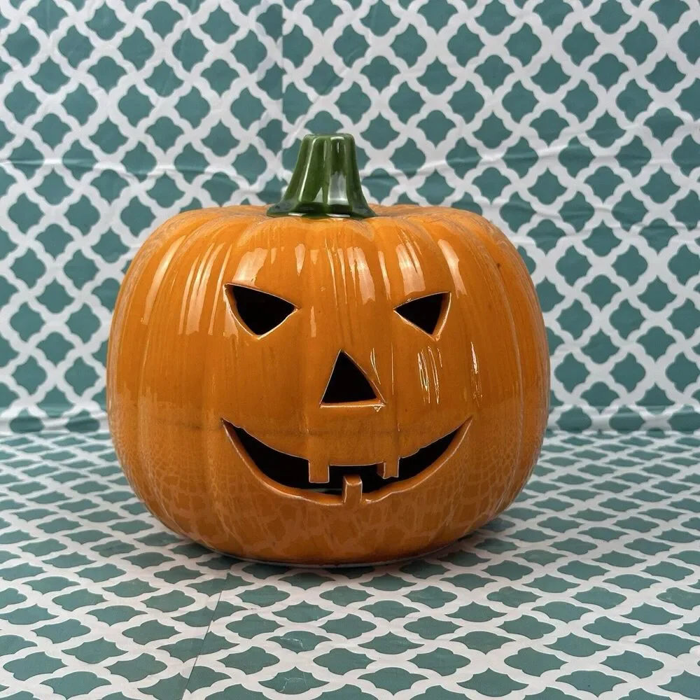 Halloween Ceramic‎ Pumpkin Jack O Lantern Candle Cover Topper Luminary
